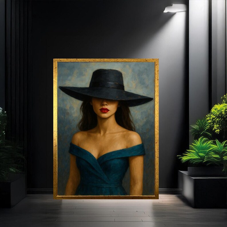 Elegant Woman in Black Hat Canvas Painting | Timeless Portrait Art - Etsy