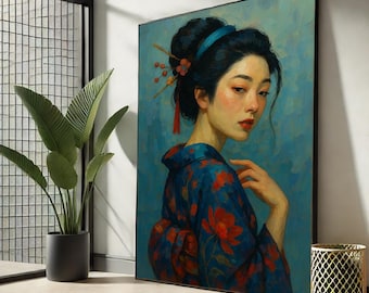 Japanese Woman Portrait Canvas | Vintage Kimono Floral Wall Art
