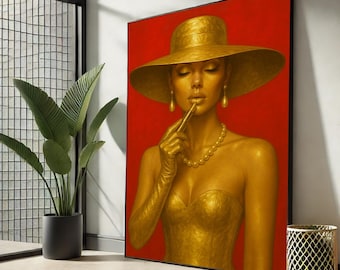 Lienzo de mujer glamurosa dorada / Arte de pared de moda de lujo con fondo rojo – Decoración femenina elegante