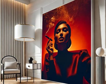 May include: A woman with dark hair and red lipstick is smoking a cigarette in a dimly lit room. The background is a warm orange color with smoke swirling around her. She is wearing a red dress and has a serious expression on her face.