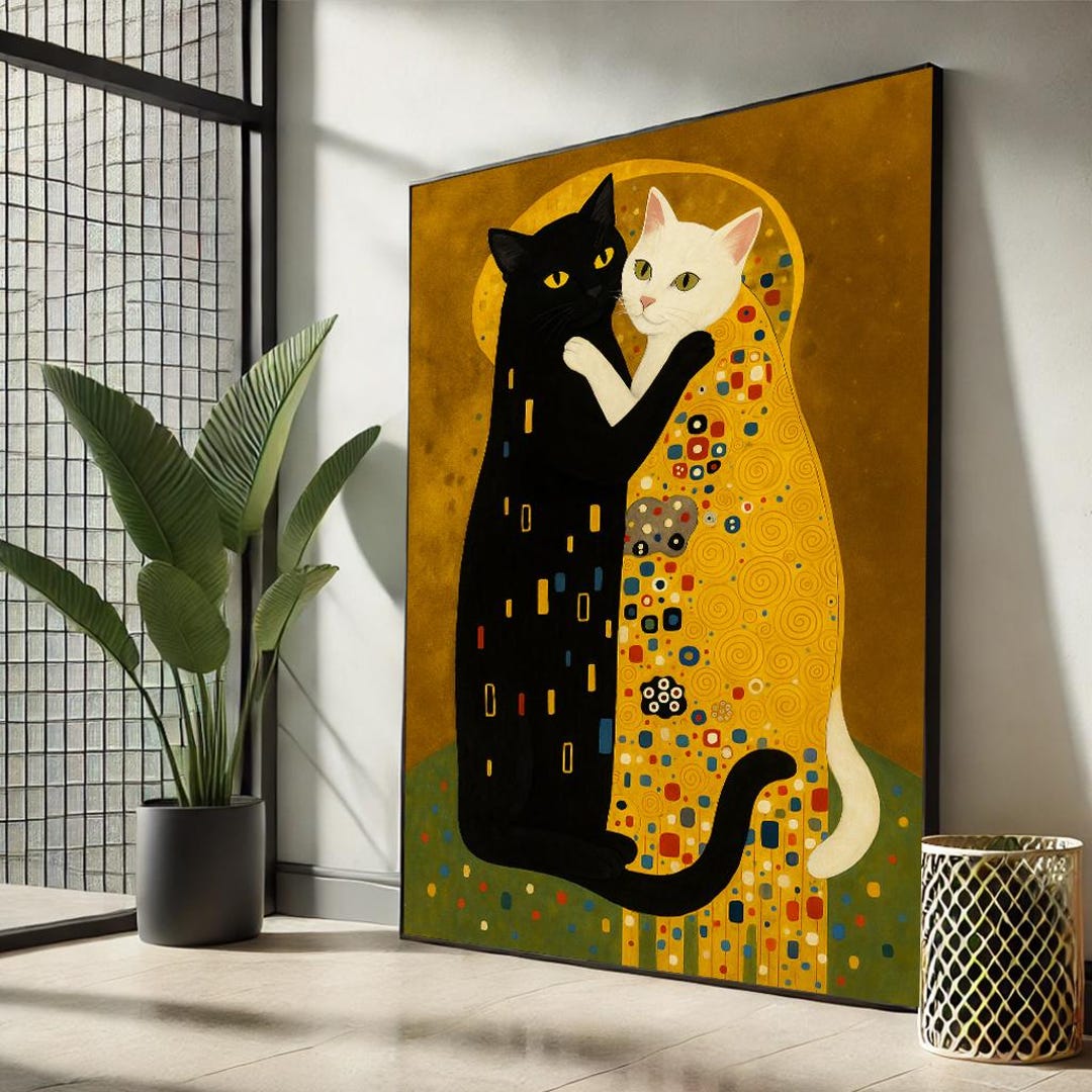 クリムトの猫のキスのパロディキャンバス | 黄金の抱きしめる猫の壁