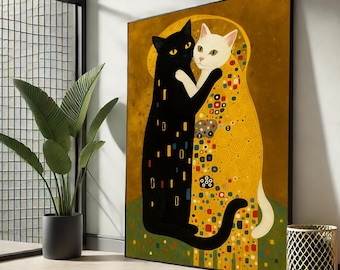 クリムト「猫のキス」パロディキャンバス｜黄金の抱き合う猫のウォール