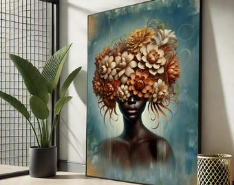 Floral Afro Woman Canvas Print – Botanical Black Beauty Portrait