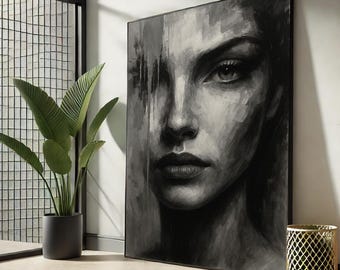 Monochromatyczny portret kobiety na płótnie | Abstrakcyjny ekspresjonistyczny czarno-biały obraz ścienny