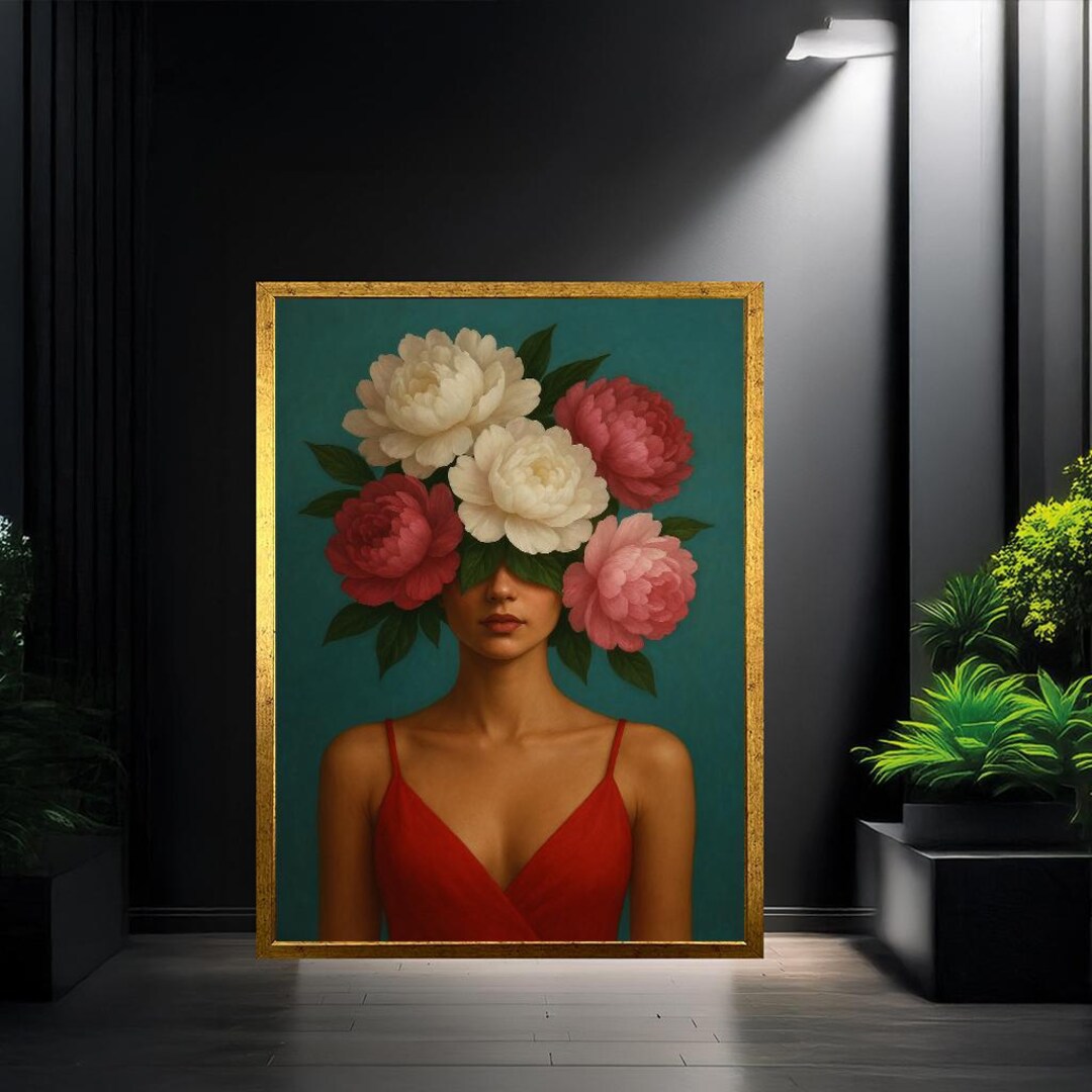 Floral Woman Portrait, Red Dress, Botanical Canvas Art Print - Etsy