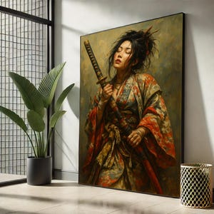 Stampa artistica da parete su tela raffigurante una samurai / Donna guerriera giapponese potente / Elegante ritratto orientale / Regalo per donne forti