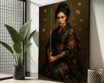 Elegante Samurai Frau Leinwand Wand Kunst Japanische Kriegerin Wohnzimmer Dekor Statement Piece