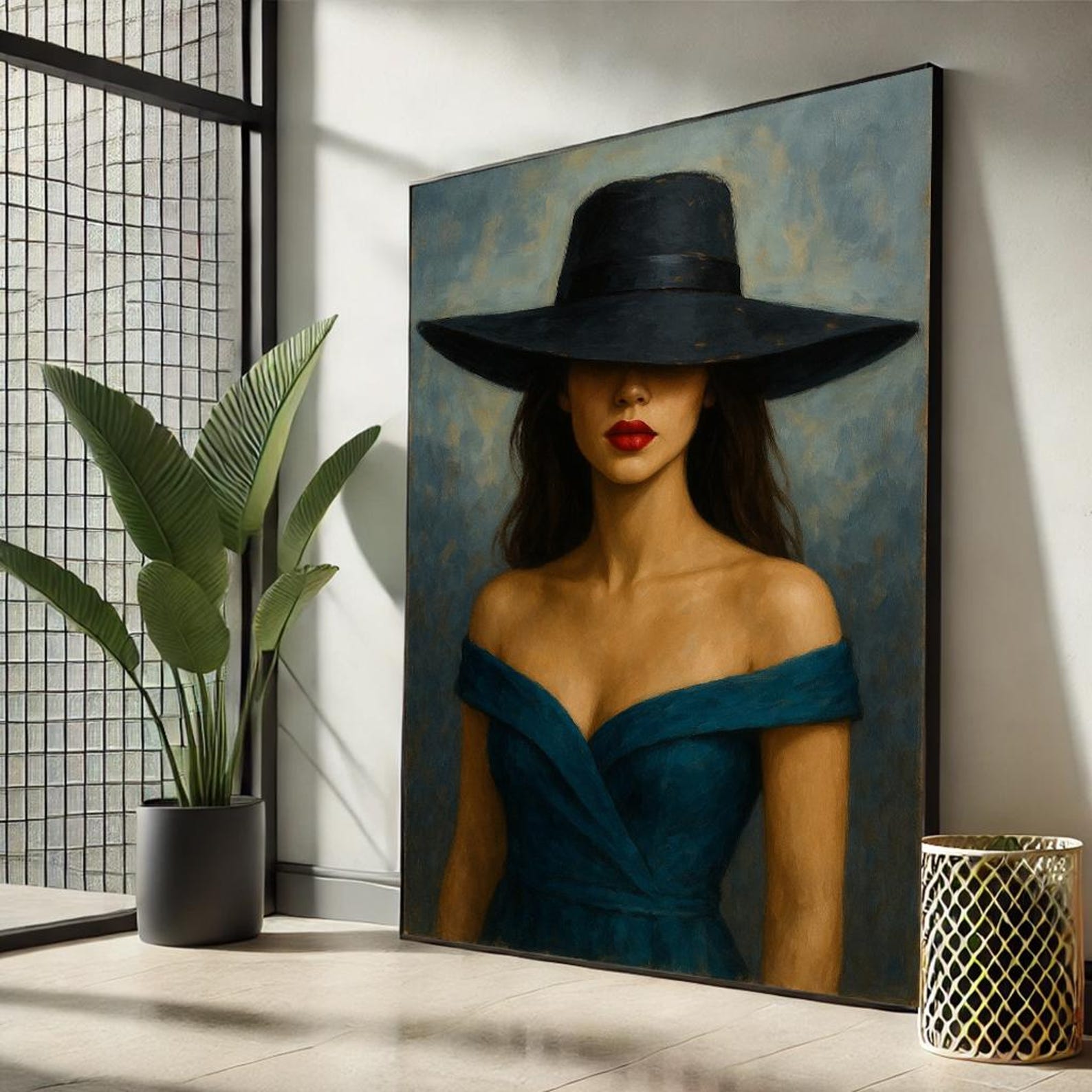 Elegant Woman in Black Hat Canvas Painting | Timeless Portrait Art - Etsy