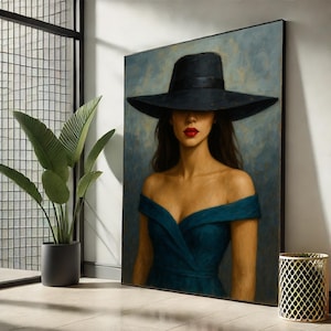 Elegant Mysterious Woman in Black Hat | Chic Canvas Painting – Timeless Portrait Art for Living Room