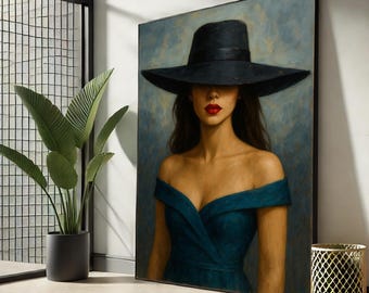 Peinture sur toile femme élégante au chapeau noir | Art du portrait intemporel