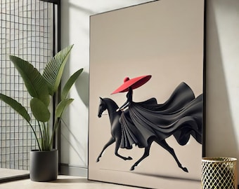 Lienzo ecuestre / Mujer con sombrero rojo a caballo, decoración de pared moderna