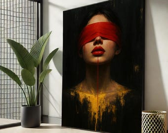 Lienzo con retrato de mujer con venda roja en los ojos – Arte mural gótico