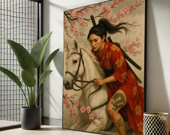 女性と馬の油彩画 金色フレーム付き 馬に乗る日本の女性ウォールアート - 黄金の着物ライダー油絵ポスター