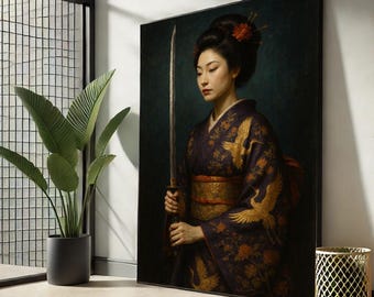 May include: A framed portrait of a woman in a traditional Japanese kimono holding a sword. The kimono is dark blue with gold crane and floral patterns. The woman has dark hair and is wearing a red flower hair accessory.