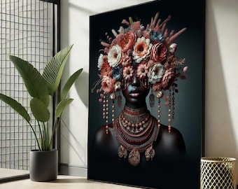 Floral Afro Woman Canvas Print – Elegant Black Beauty Portrait