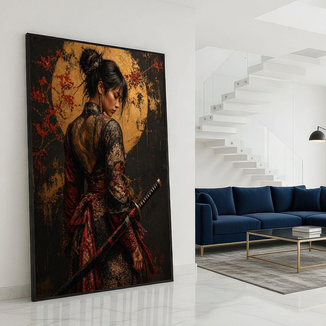 Japanese Samurai Woman Framed Wall Art, Gold Red Kimono Canvas Print ...
