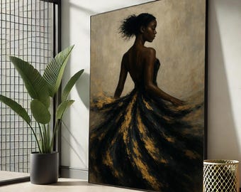 Canvaskunst Zwarte vrouw in gouden jurk – impressionistische portretafdruk