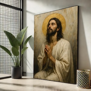 Praying Jesus Christ Canvas | Sacred Religious Wall Art – Spiritual Portrait with Golden Halo for Christian Home or Gift