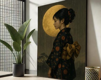 May include: A framed artwork depicts a woman in a traditional Japanese kimono, set against a backdrop of a full moon. The kimono is black with orange floral patterns and a large gold bow. The artwork evokes a serene, cultural theme.