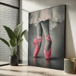 Ballerina Ballet Shoes Canvas Wall Art Print | Pink Pointe Shoes Painting | Elegant Vertical Dance Decor | Gift for Dancers or Girls Room