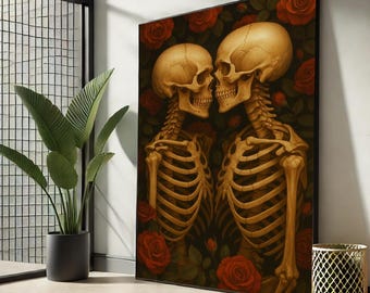 Tela com esqueleto representando amantes até a morte | Arte gótica de rosas