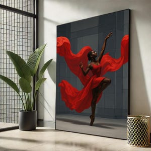 Elegante zwarte canvas ballerina | Muurkunst rode jurk dans – sierlijke moderne decoratie vrouw beweging