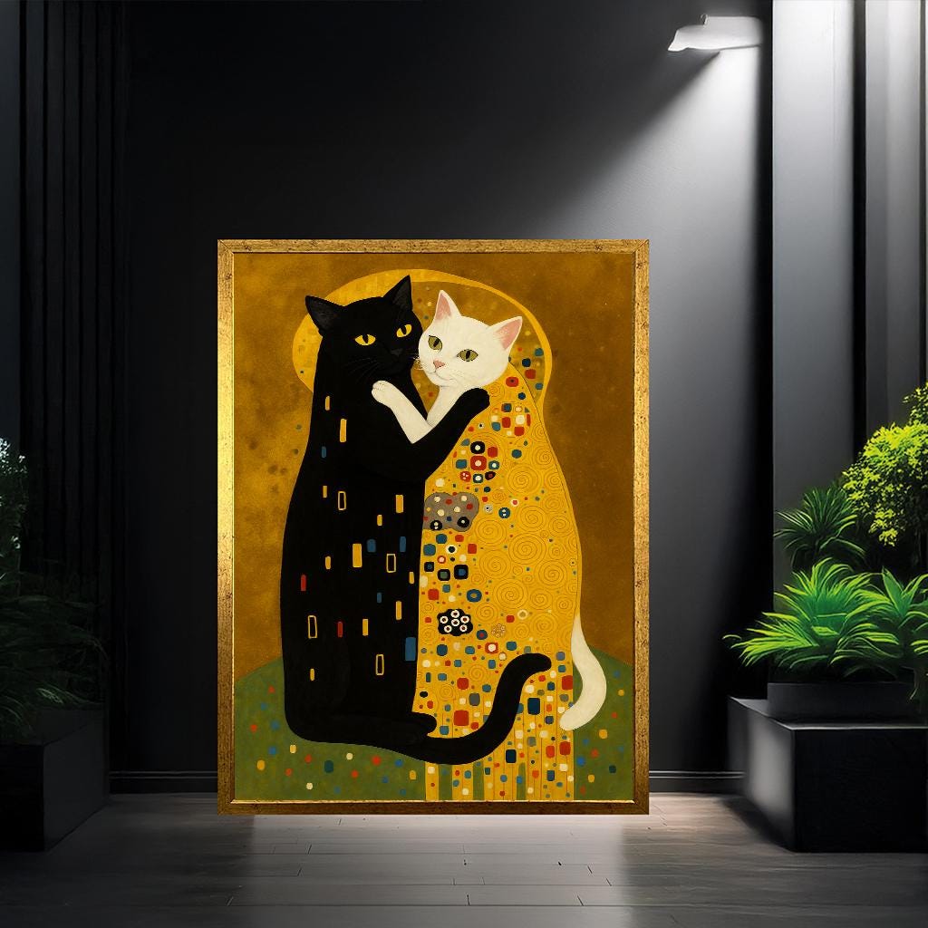 クリムトの猫のキスのパロディキャンバス | 黄金の抱きしめる猫の壁