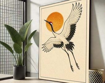Stampa su tela di gru giapponese, arte minimalista del sole