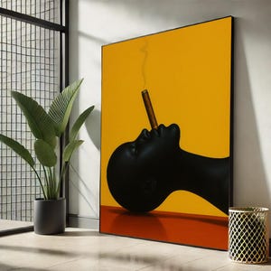 Bold Afro Minimalist Canvas Wall Art – Black Woman with Cigar | Modern Yellow and Orange Portrait for Statement Decor