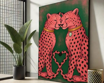 May include: A framed art print featuring two pink cheetahs with black spots, touching noses. They wear gold collars, and their tails form a heart shape. The background is a dark green with a textured effect.