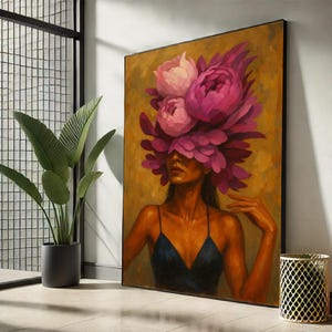 Woman with Pink Flowers Canvas Wall Art Print | Feminine Portrait in Gold and Rose Tones | Vertical Floral Head Decor | Gift for Her