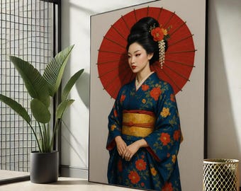 Canvaskunst geisha | Japans vrouwenportret met parasol
