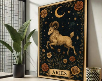 Lámina artística del zodiaco Aries / Ilustración vintage del carnero, decoración celestial