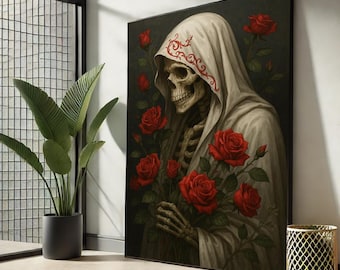 Etherisch skelet met rozen canvaskunst | Donkerromantisch gotisch schilderij – opvallend interieuraccent