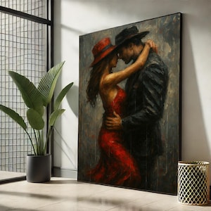 Cuadro de pareja apasionada bailando / Lienzo de amantes románticos - Impresión de abrazo con vestido rojo
