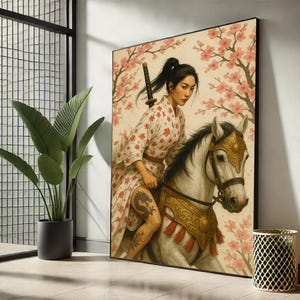 Stampa artistica da parete su tela raffigurante una donna samurai a cavallo / Guerriero con fiori di ciliegio e tatuaggio del drago / Decorazione con forza femminile giapponese /