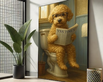 May include: A framed artwork depicts a golden poodle wearing glasses and reading a newspaper titled "YNS TIMES" while seated on a toilet. The bathroom setting includes a window, toilet paper, and a toothbrush holder.