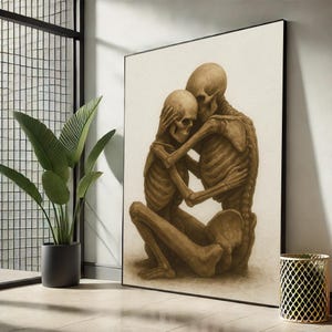 Eternal Lovers Skeleton Art | Romantic Gothic Embrace Canvas – Death-Inspired Wall Decor for Dark Aesthetic and Unique Gift Ideas