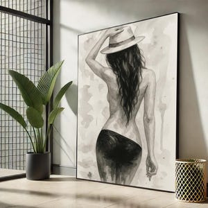 Minimalist Woman in Hat Canvas | Black and White Watercolor Wall Art – Feminine Back View Beach Decor