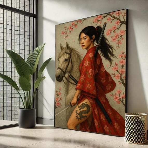 Samurai Woman With Horse Canvas | Cherry Blossom Katana Wall Art