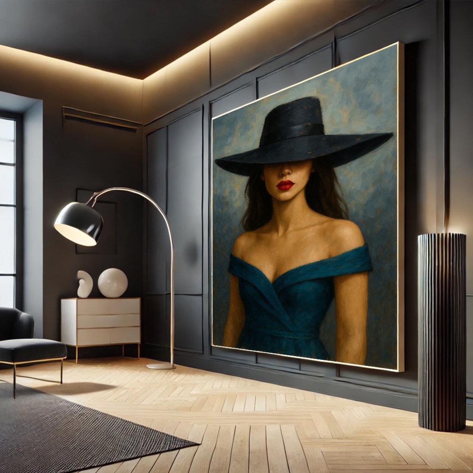 Elegant Woman in Black Hat Canvas Painting | Timeless Portrait Art - Etsy