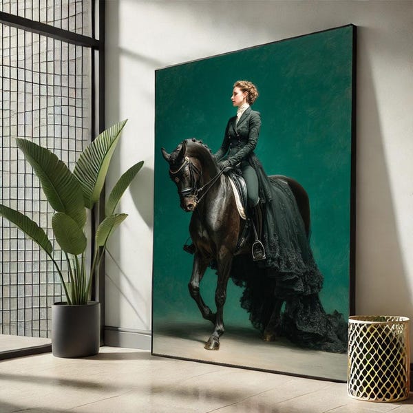 Equestrian Woman Canvas Art Print, Classic Green Decor