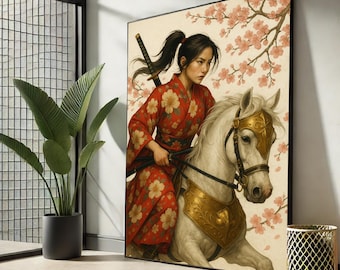 Samurai Frau Leinwanddruck | Japanische Kriegerkunst, Kirschblüten-Dekor