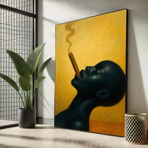 Bold Modern Afro Art | Vibrant Cigar Smoker Silhouette – Contemporary Yellow Canvas Wall Art for Statement Home Decor or Gift