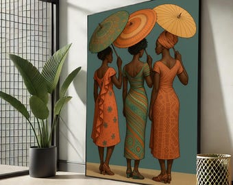 Elegant African Women with Umbrellas | Bold Cultural Canvas Wall Art Print