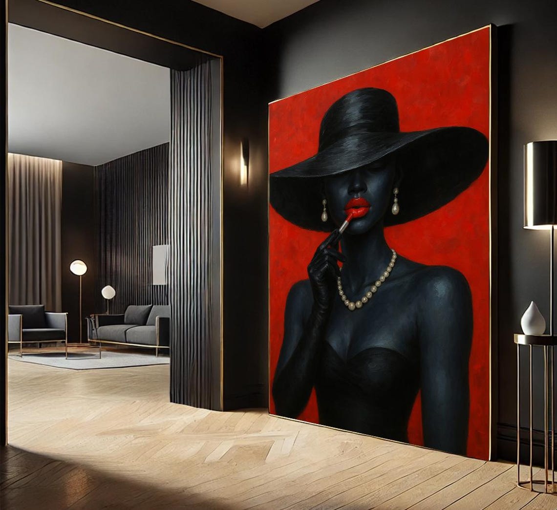 Elegant Black Woman Canvas Wall Art – Red Lipstick Glamour Portrait ...