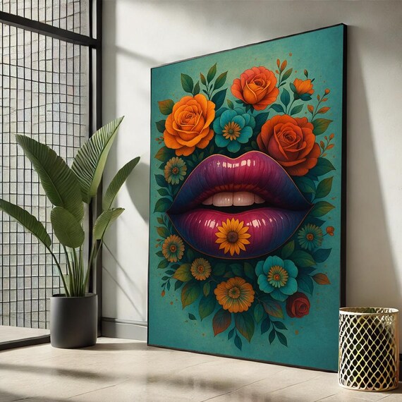 Teal Lips and Flowers Canvas Print | Bold Pop Art Decor - Etsy Teal Lips and Flowers Canvas Print | Bold Pop Art Decor - Etsy
