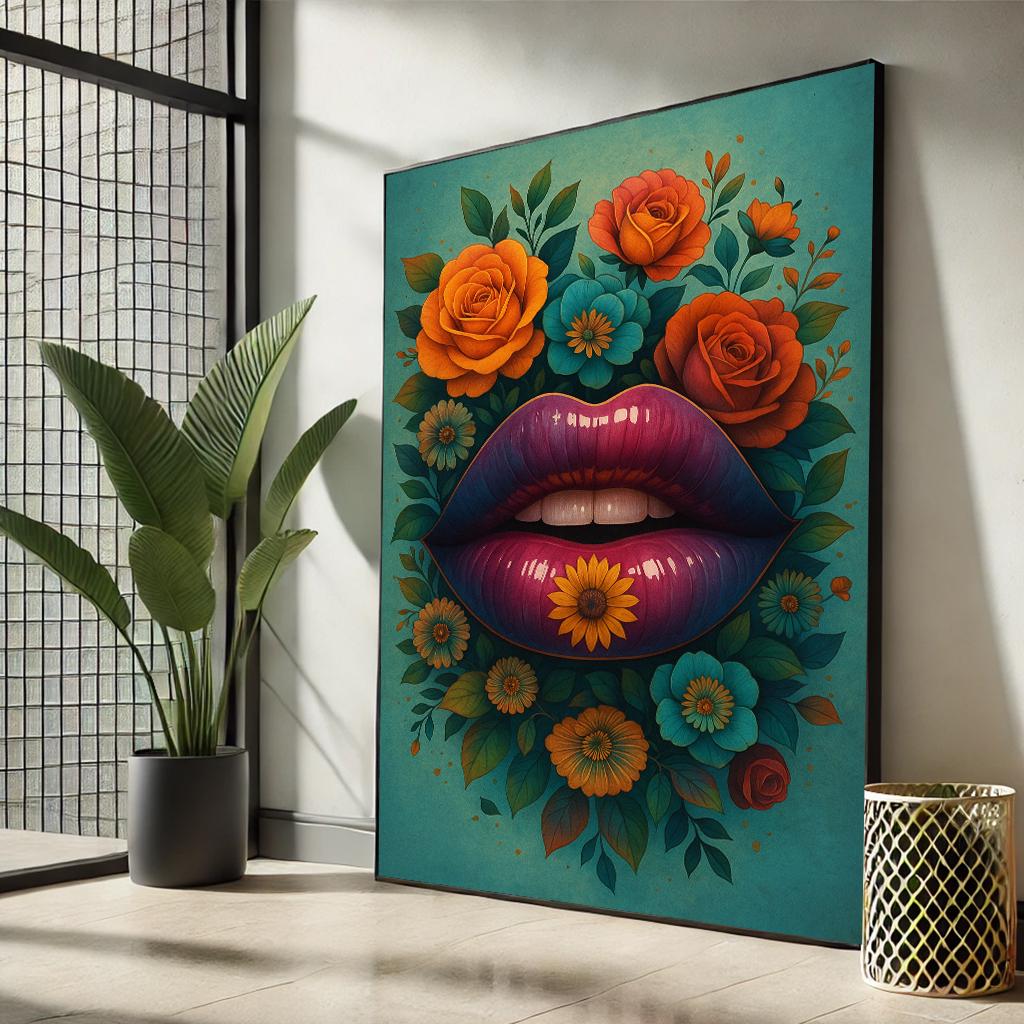 Lips and Flowers Canvas Wall Art Print | Bold Pop Art Style in
