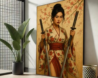 Dual Katana Samurai Woman Canvas | Cherry Blossom Kimono Wall Art – Bold Japanese Warrior Decor