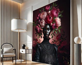 Floral Afro Woman Canvas Print – Luxury Feminine Wall Art